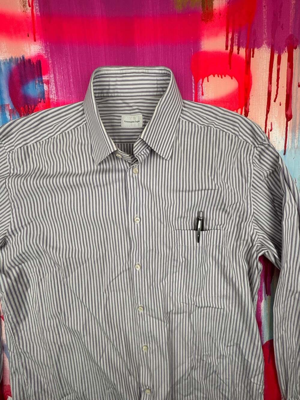 Ermenegildo Zegna Purple and White Striped Cotton Dress Shirt